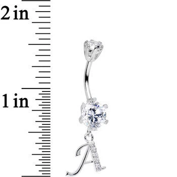 925 Sterling Silver Clear CZ Ornate Script Initial A Dangle Belly Ring 2 925 Sterling Silver Clear CZ Ornate Script Initial A Dangle Belly Ring - Image 2