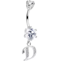 925 Sterling Silver Clear CZ Ornate Script Initial D Dangle Belly Ring