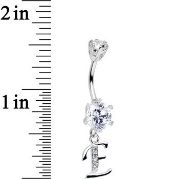 925 Sterling Silver Clear CZ Ornate Script Initial E Dangle Belly Ring 2 925 Sterling Silver Clear CZ Ornate Script Initial E Dangle Belly Ring - Image 2