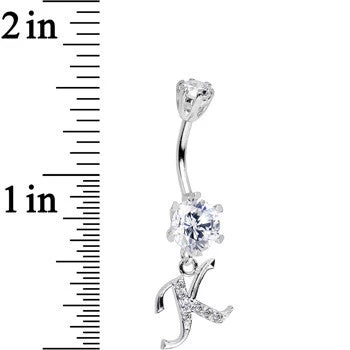 925 Sterling Silver Clear CZ Ornate Script Initial K Dangle Belly Ring 2 925 Sterling Silver Clear CZ Ornate Script Initial K Dangle Belly Ring - Image 2