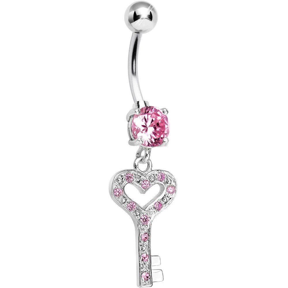 925 Sterling Silver Pink Gem Secret Love Key Dangle Belly Ring 1 925 Sterling Silver Pink Gem Secret Love Key Dangle Belly Ring