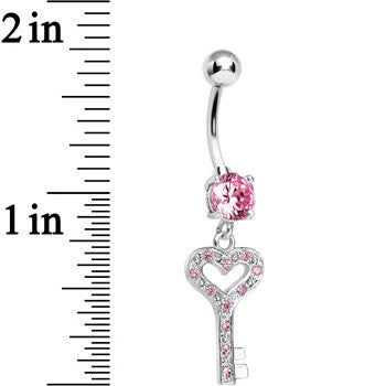 925 Sterling Silver Pink Gem Secret Love Key Dangle Belly Ring 2 925 Sterling Silver Pink Gem Secret Love Key Dangle Belly Ring - Image 2