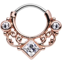 16 Gauge 3/8 Rose Gold IP Clear CZ Lahori Palace Septum Clicker