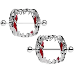 Gaby 14 Gauge 1 1/8 Steel Dripping Red Vampire Fangs Barbell Nipple Shield Set