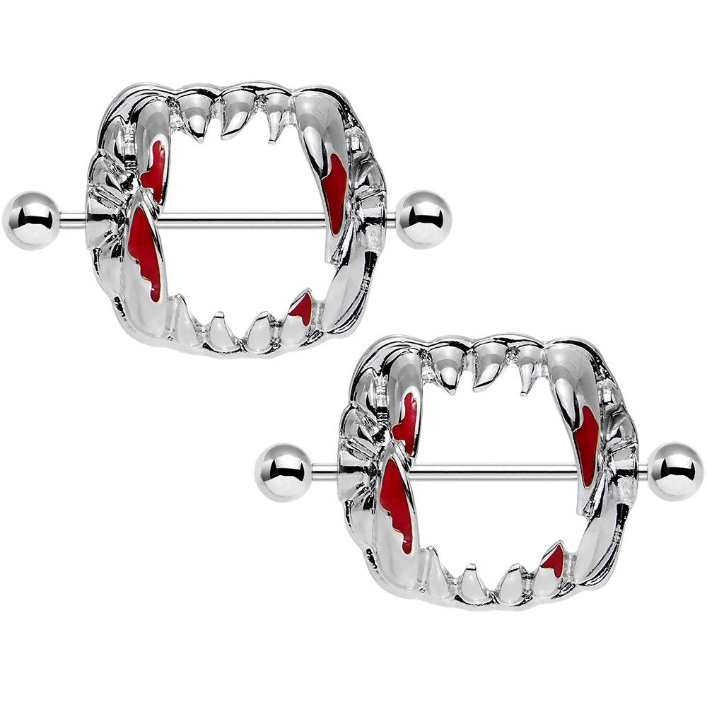 Gaby 14 Gauge 1 1/8 Steel Dripping Red Vampire Fangs Barbell Nipple Shield Set 1 Gaby 14 Gauge 1 1/8 Steel Dripping Red Vampire Fangs Barbell Nipple Shield Set
