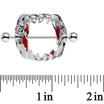 Gaby 14 Gauge 1 1/8 Steel Dripping Red Vampire Fangs Barbell Nipple Shield Set 2 Gaby 14 Gauge 1 1/8 Steel Dripping Red Vampire Fangs Barbell Nipple Shield Set - Image 2