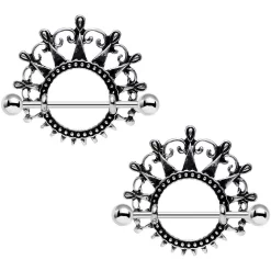 Gaby 1 Inch Dark Ornate Detail Princess Crown Barbell Nipple Shield Set