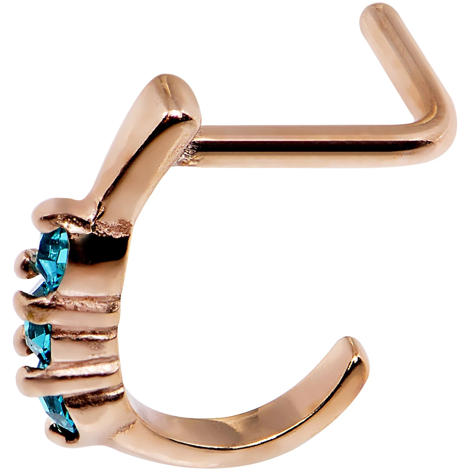 Gaby 18 Gauge Aqua Gem Rose Gold PVD Faux Hoop L Shaped Nose Ring 4 Gaby 18 Gauge Aqua Gem Rose Gold PVD Faux Hoop L Shaped Nose Ring - Image 4