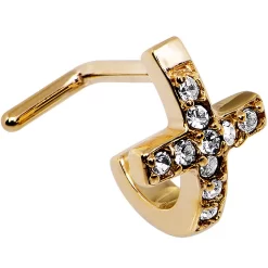 18 Gauge Clear Gem Gold PVD Cross Faux Hoop L Shaped Nose Ring