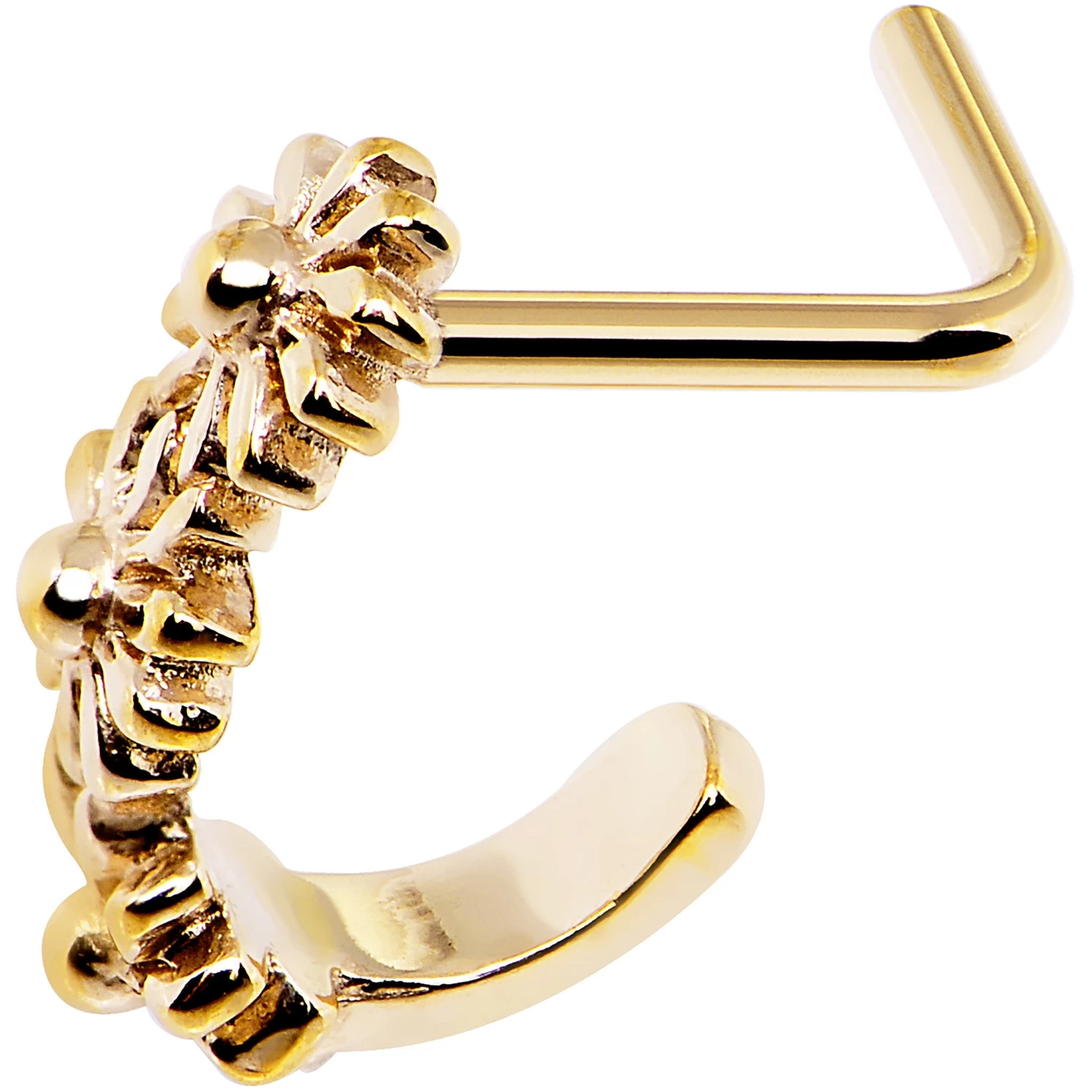 18 Gauge Gold PVD Daisy Flower Chain Faux Hoop L Shaped Nose Ring 4 18 Gauge Gold PVD Daisy Flower Chain Faux Hoop L Shaped Nose Ring - Image 4