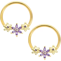 Gaby 14 Gauge 5/8 Purple CZ Gold Anodized Daisy Flower BCR Nipple Ring Set