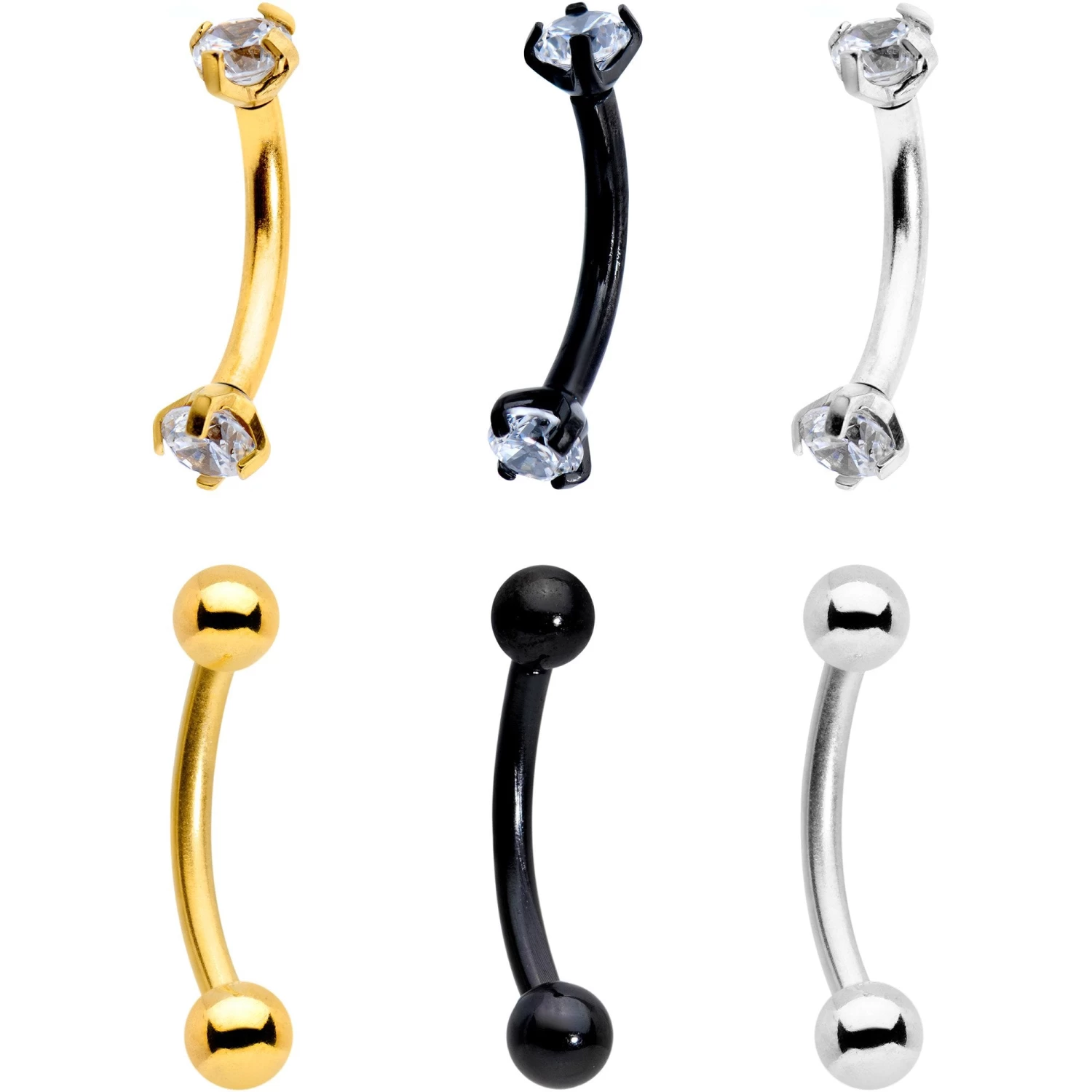 3/8 Clear CZ Gem PVD Curved Eyebrow Ring Set Of 6 1 3/8 Clear CZ Gem PVD Curved Eyebrow Ring Set Of 6