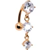 Clear CZ Gem Rose Gold Plated Trio Tier Top Mount Dangle Belly Ring