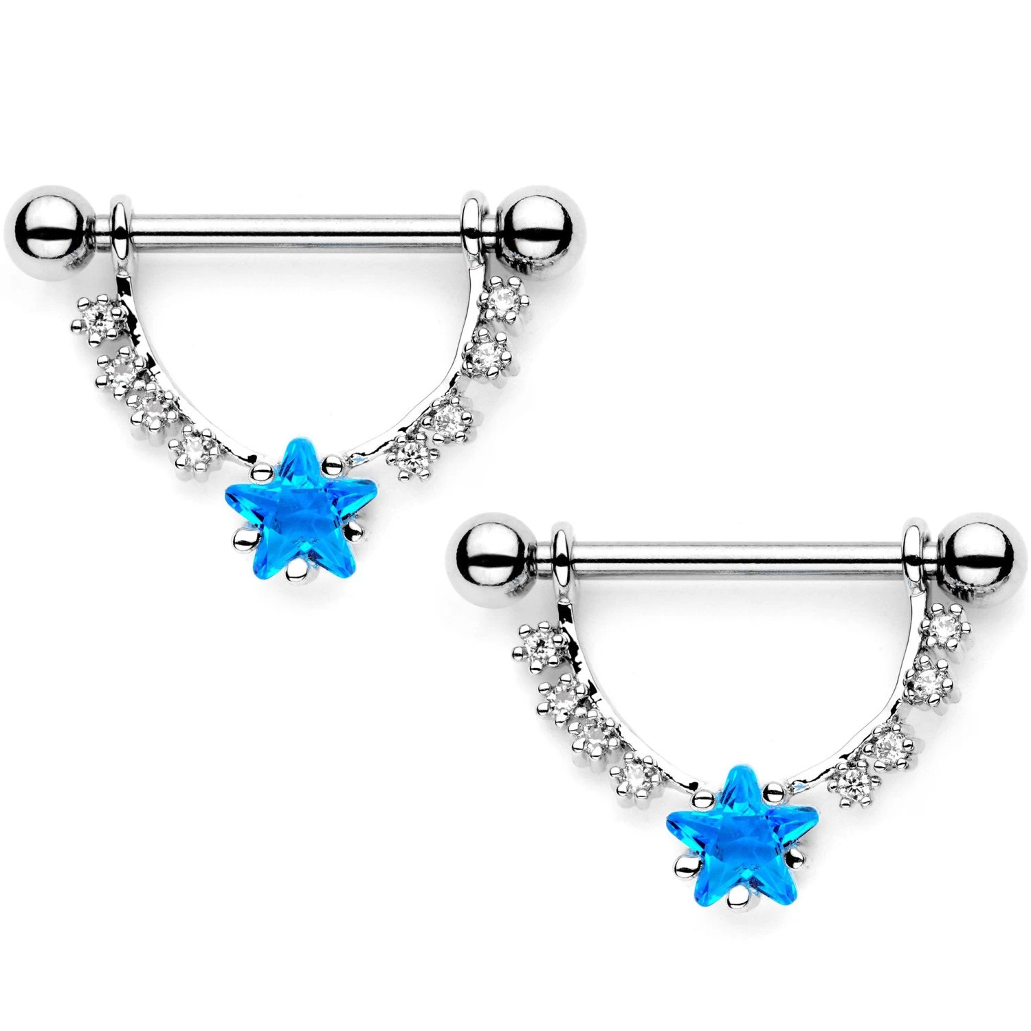 Aqua CZ Gem Superstar Dangle Barbell Nipple Ring Set 1 Aqua CZ Gem Superstar Dangle Barbell Nipple Ring Set