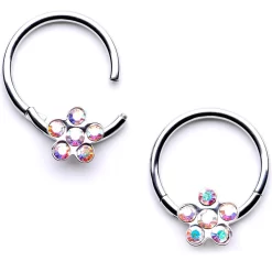 16 Gauge 3/8 Aurora Gem Petal Flower Hinged Segment Ring Set
