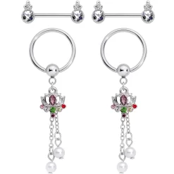14 Gauge Clear CZ Gem Lotus Flower Queen Captive Ring Barbell Nipple Ring Set
