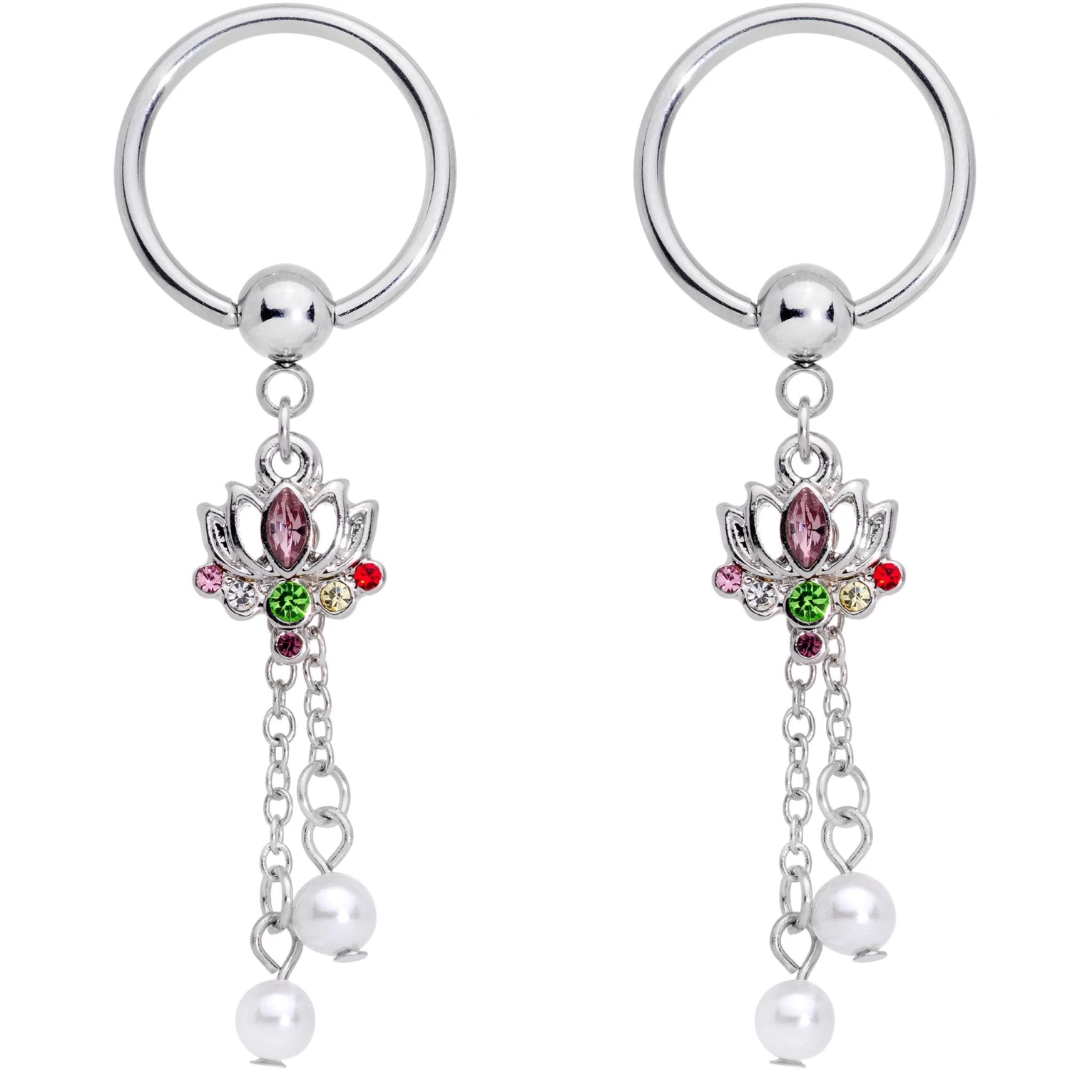 14 Gauge Clear CZ Gem Lotus Flower Queen Captive Ring Barbell Nipple Ring Set 2 14 Gauge Clear CZ Gem Lotus Flower Queen Captive Ring Barbell Nipple Ring Set - Image 2