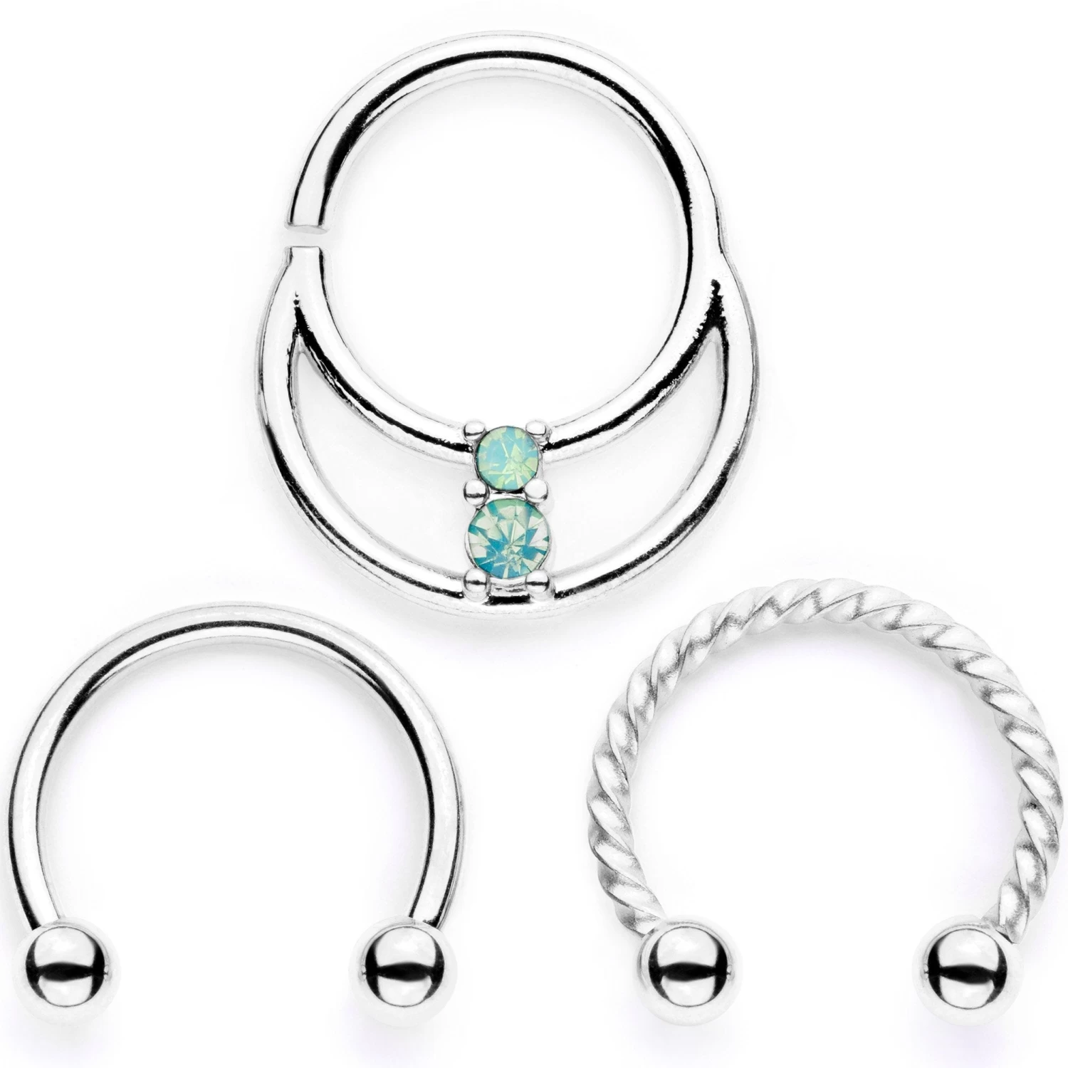 16 Gauge 3/8 Teal Faux Opal Twisted Horseshoe Closure Ring Set 1 16 Gauge 3/8 Teal Faux Opal Twisted Horseshoe Closure Ring Set