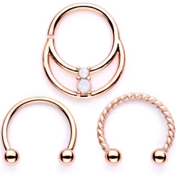 16 Gauge 3/8 White Faux Opal Rose Gold Tone Twisted Horseshoe BCR Captive Ring Set