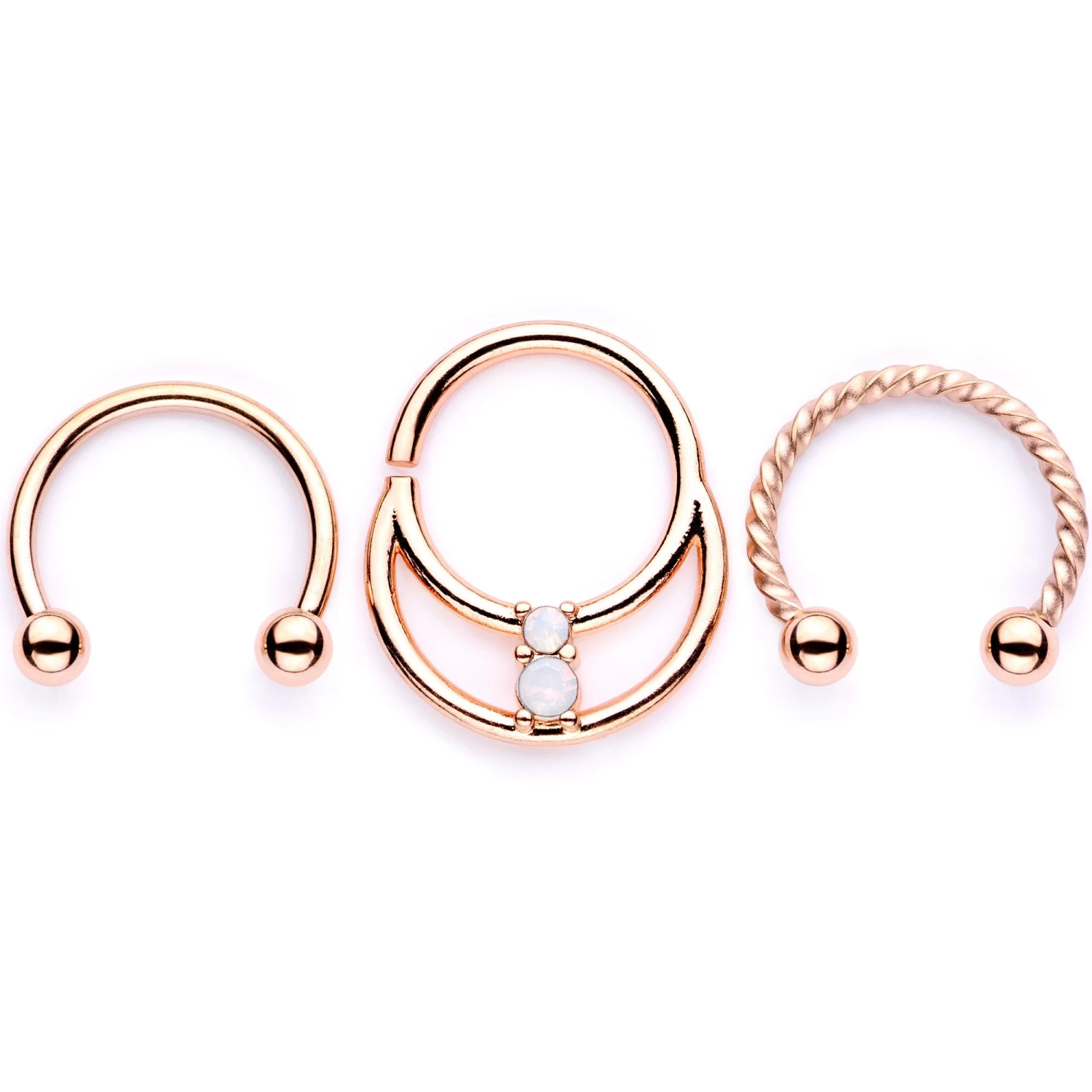 16 Gauge 3/8 White Faux Opal Rose Gold Tone Twisted Horseshoe BCR Captive Ring Set 2 16 Gauge 3/8 White Faux Opal Rose Gold Tone Twisted Horseshoe BCR Captive Ring Set - Image 2
