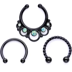 16 Gauge Teal Faux Opal Black Anodized Twisted Horseshoe Clip On Fake Septum Ring Set
