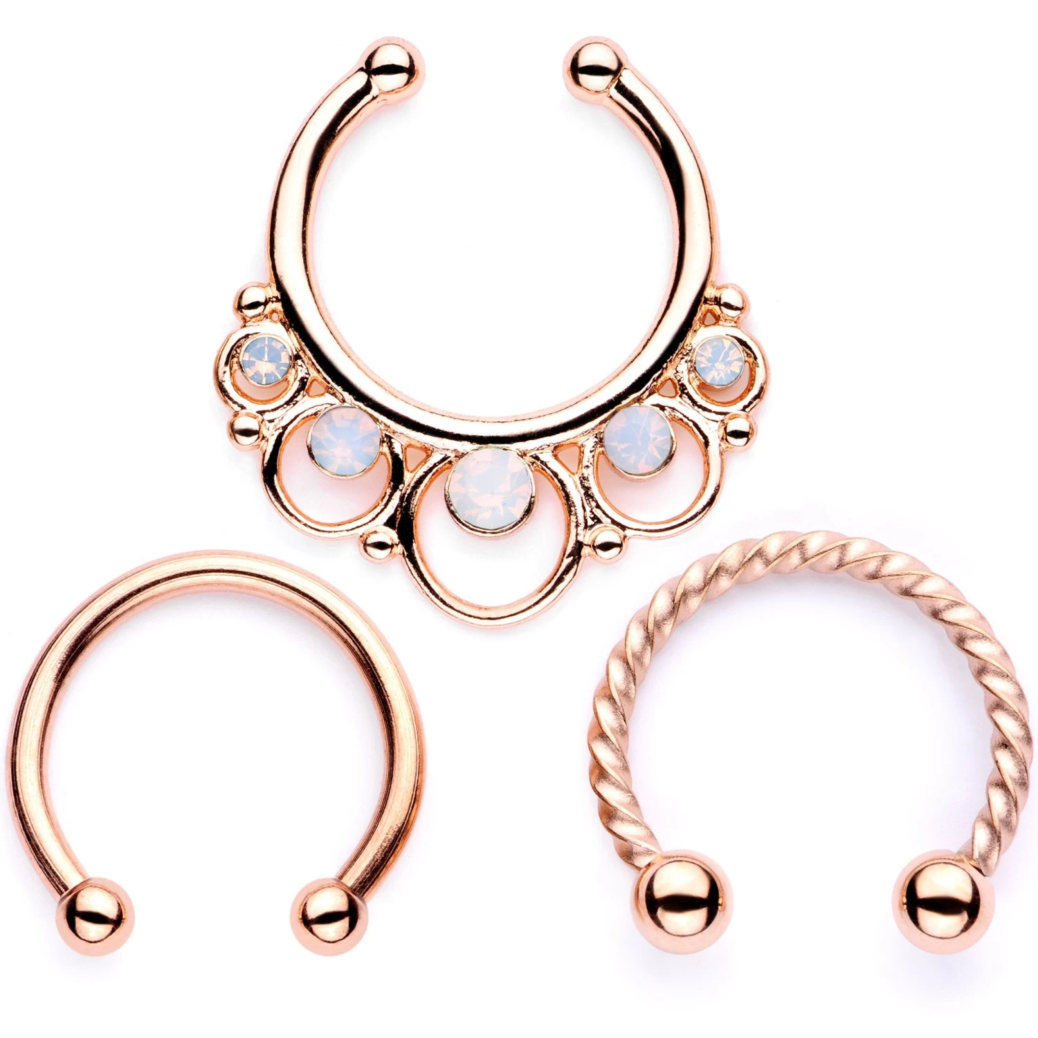 16 Gauge White Faux Opal Rose Gold Tone Twisted Horseshoe Clip On Fake Septum Ring Set 1 16 Gauge White Faux Opal Rose Gold Tone Twisted Horseshoe Clip On Fake Septum Ring Set