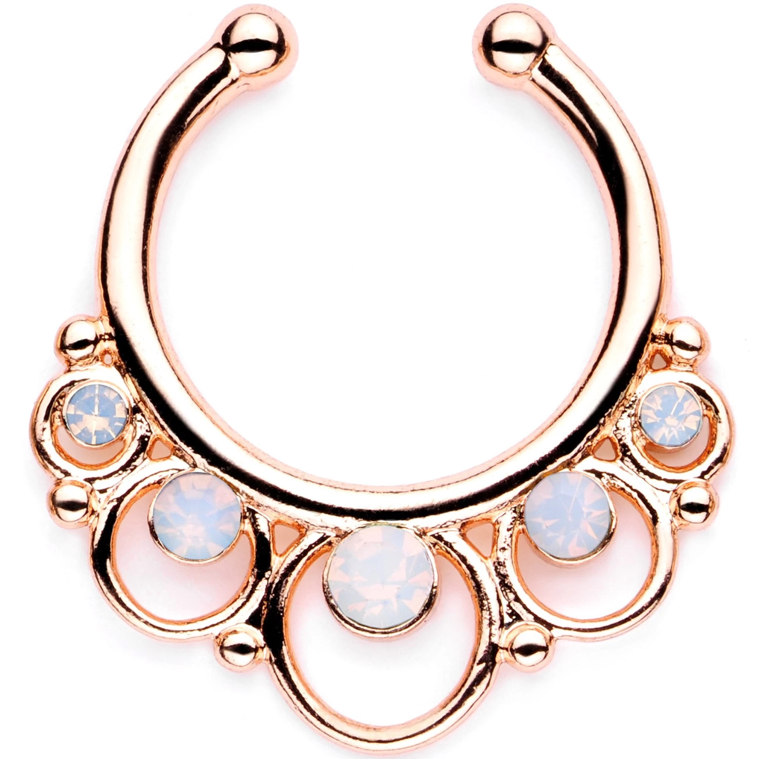 16 Gauge White Faux Opal Rose Gold Tone Twisted Horseshoe Clip On Fake Septum Ring Set 3 16 Gauge White Faux Opal Rose Gold Tone Twisted Horseshoe Clip On Fake Septum Ring Set - Image 3