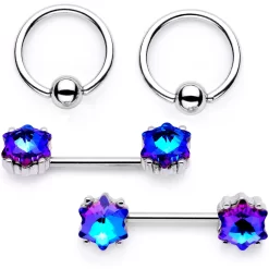 Gaby 14 Gauge Blue Gem Supernova Captive Ring Barbell Nipple Ring Set
