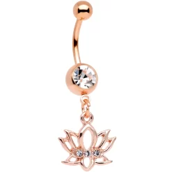 Gaby Clear Gem Rose Gold Tone Live Love Lotus Flower Dangle Belly Ring