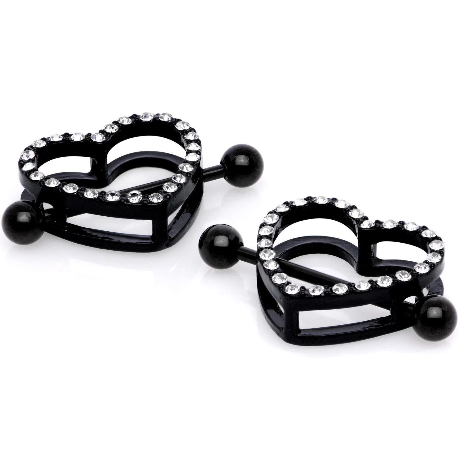 14 Gauge 5/8 Clear Gem Black Valentine Heart Nipple Ring Set 2 14 Gauge 5/8 Clear Gem Black Valentine Heart Nipple Ring Set - Image 2