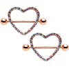 14 Gauge 5/8 Aurora Gem Rose Gold Tone Valentine Heart Nipple Ring Set
