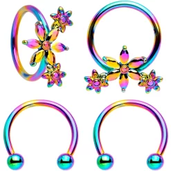16 Gauge 3/8 Rainbow Flower Power Horseshoe BCR Captive Ring Set