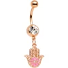 Gaby Clear Gem Rose Gold Tone Hamsa Hand Pink Flower Dangle Belly Ring