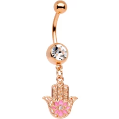 Gaby Clear Gem Rose Gold Tone Hamsa Hand Pink Flower Dangle Belly Ring