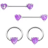 14 Gauge Purple Faux Opal Heart BCR Barbell Nipple Ring Set Of 4