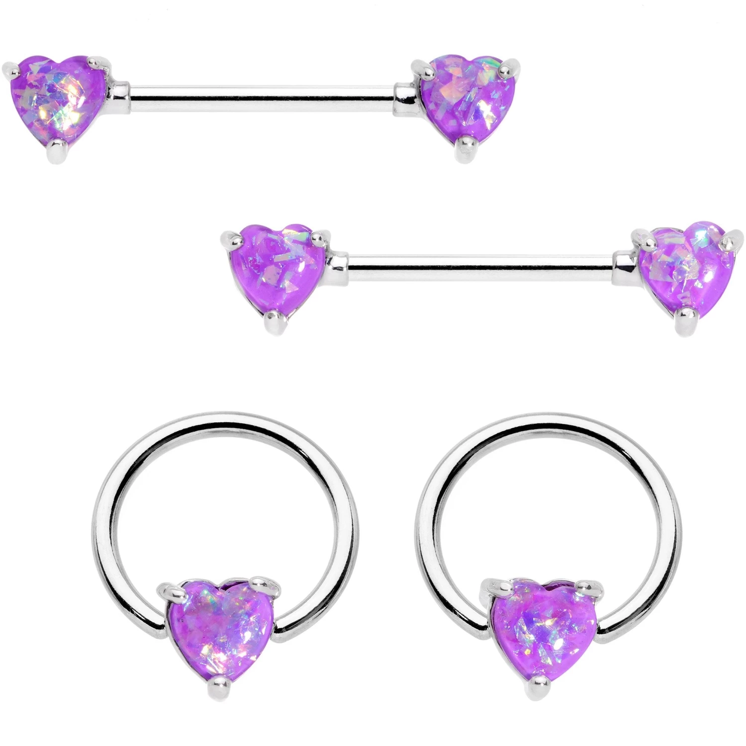 14 Gauge Purple Faux Opal Heart BCR Barbell Nipple Ring Set Of 4 1 14 Gauge Purple Faux Opal Heart BCR Barbell Nipple Ring Set Of 4