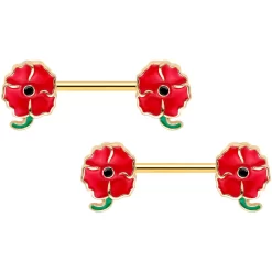 14 Gauge 9/16 Gold Tone Blooming Poppies Barbell Nipple Ring Set