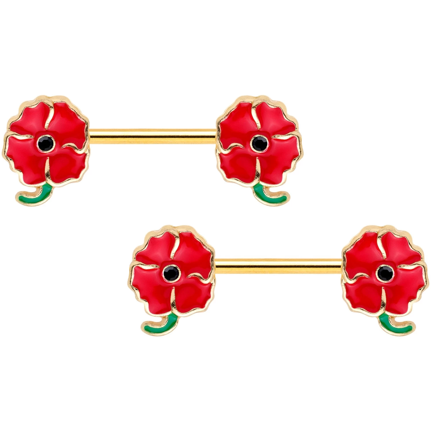 14 Gauge 9/16 Gold Tone Blooming Poppies Barbell Nipple Ring Set 1 14 Gauge 9/16 Gold Tone Blooming Poppies Barbell Nipple Ring Set