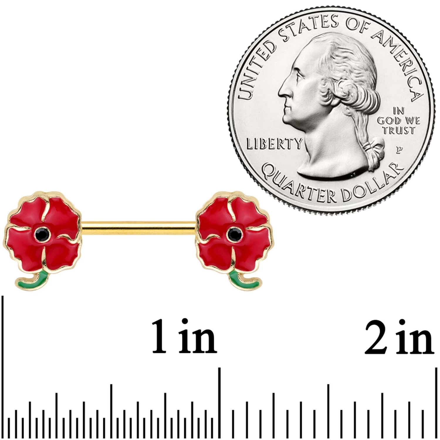 14 Gauge 9/16 Gold Tone Blooming Poppies Barbell Nipple Ring Set 2 14 Gauge 9/16 Gold Tone Blooming Poppies Barbell Nipple Ring Set - Image 2