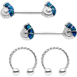 Gaby 14 Gauge 1/2 9/16 Blue Seashell Twisted Horseshoe Nipple Jewelry Set