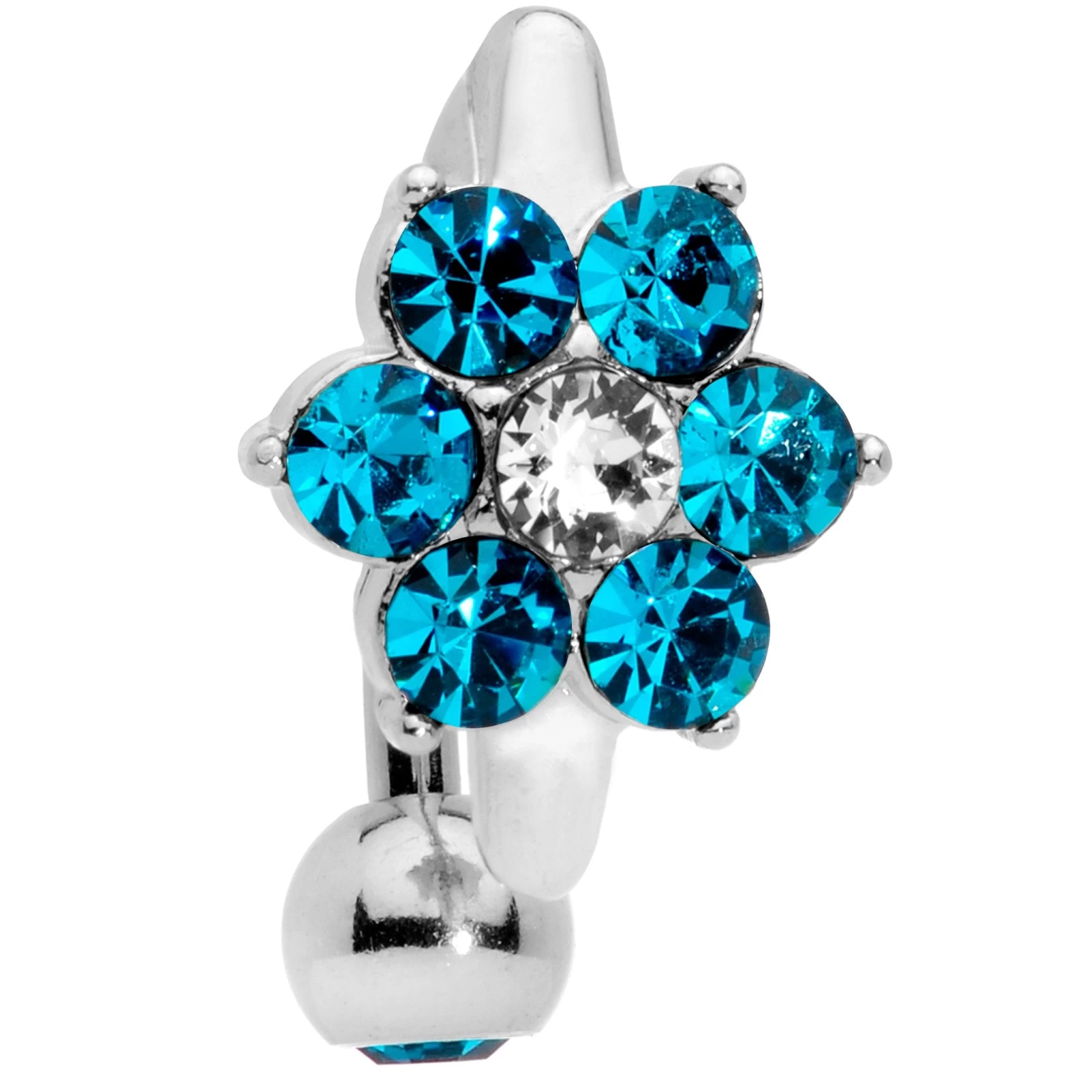 Blue CZ Gem Pretty Posy Flower Top Mount Belly Ring 1 Blue CZ Gem Pretty Posy Flower Top Mount Belly Ring