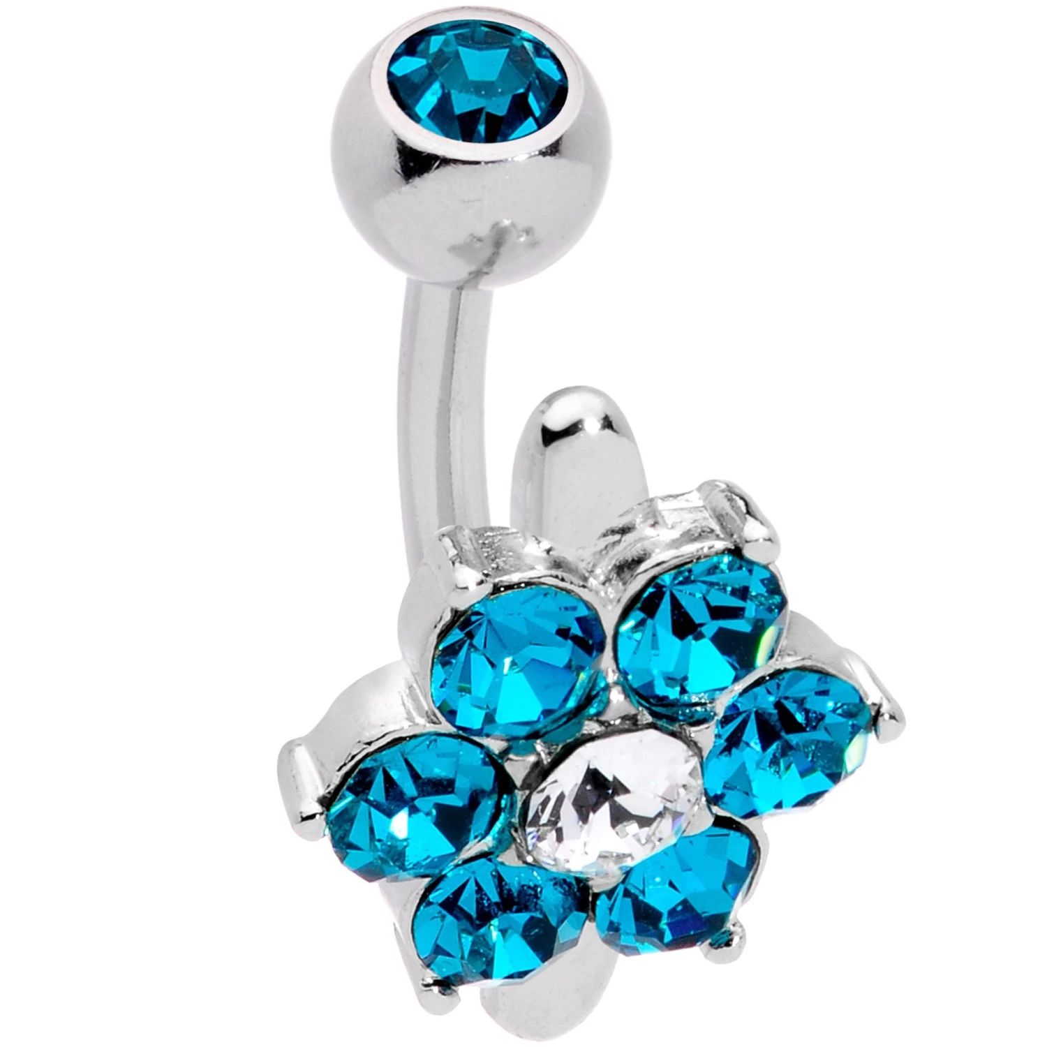 Blue CZ Gem Pretty Posy Flower Top Mount Belly Ring 2 Blue CZ Gem Pretty Posy Flower Top Mount Belly Ring - Image 2
