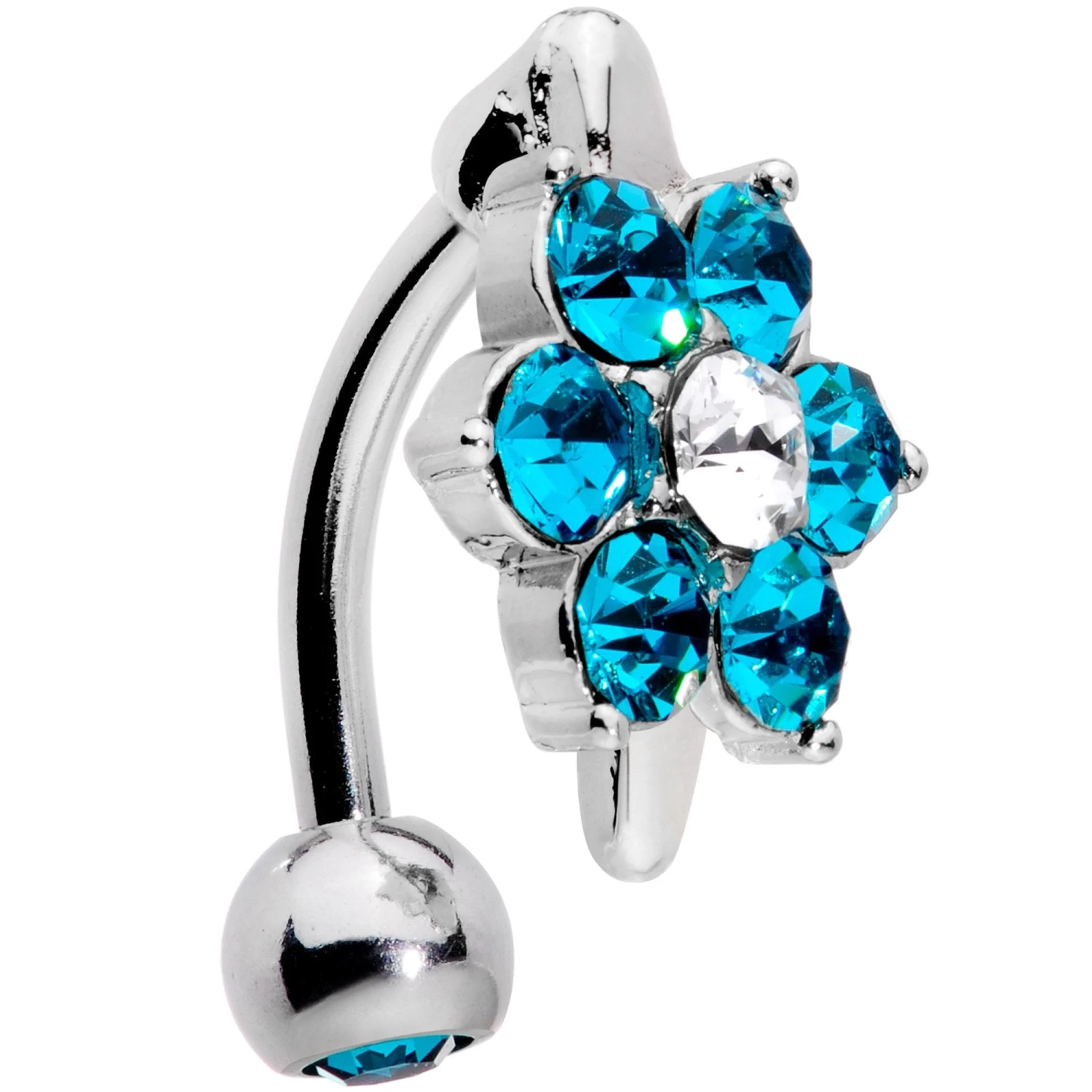 Blue CZ Gem Pretty Posy Flower Top Mount Belly Ring 3 Blue CZ Gem Pretty Posy Flower Top Mount Belly Ring - Image 3