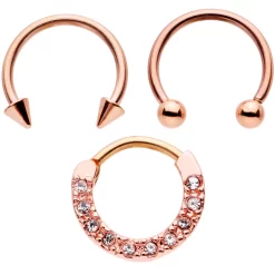 16 Gauge 3/8 Clear Gem Rose Gold Tone Hinged Circular Ring Set