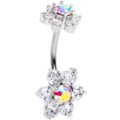 Clear Aurora CZ Gem Double Flower Delight Double Mount Belly Ring