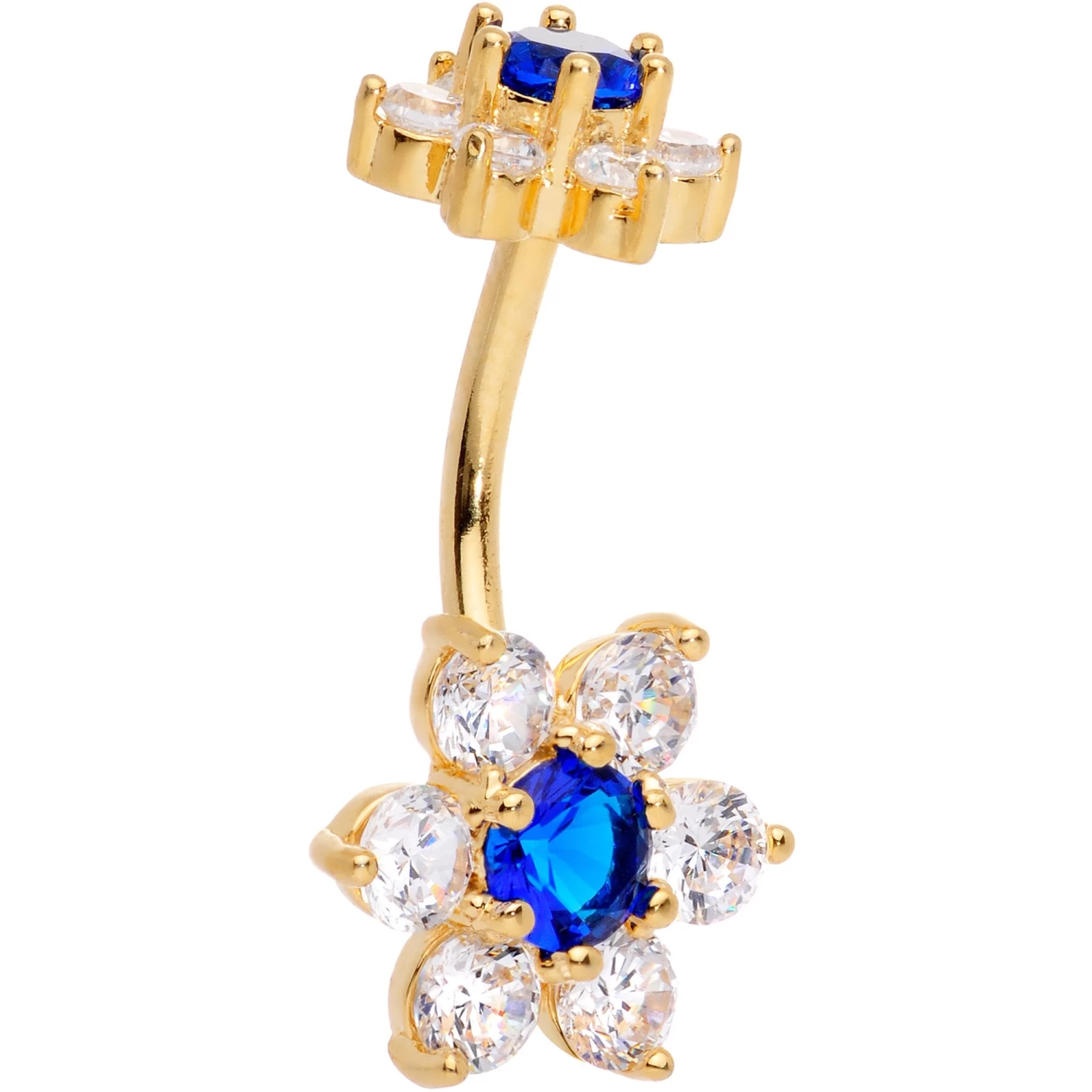 Blue Clear CZ Gem Gold Tone Double Flower Delight Double Mount Belly Ring 1 Blue Clear CZ Gem Gold Tone Double Flower Delight Double Mount Belly Ring