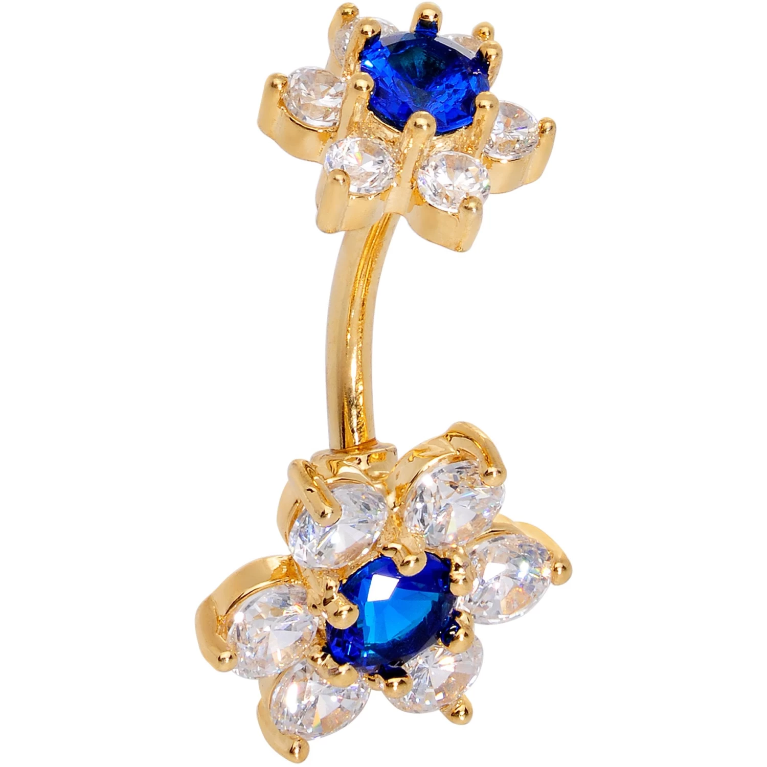 Blue Clear CZ Gem Gold Tone Double Flower Delight Double Mount Belly Ring 2 Blue Clear CZ Gem Gold Tone Double Flower Delight Double Mount Belly Ring - Image 2