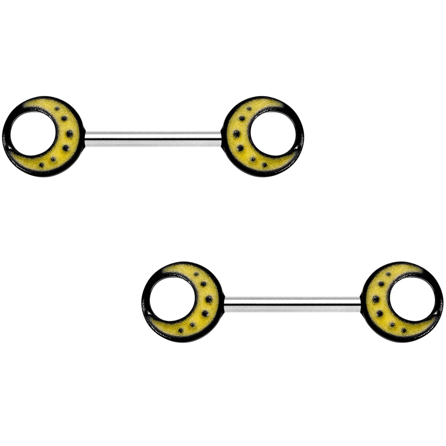 14 Gauge 9/16 Glow In The Dark Yellow Moon Barbell Nipple Ring Set 1 14 Gauge 9/16 Glow In The Dark Yellow Moon Barbell Nipple Ring Set