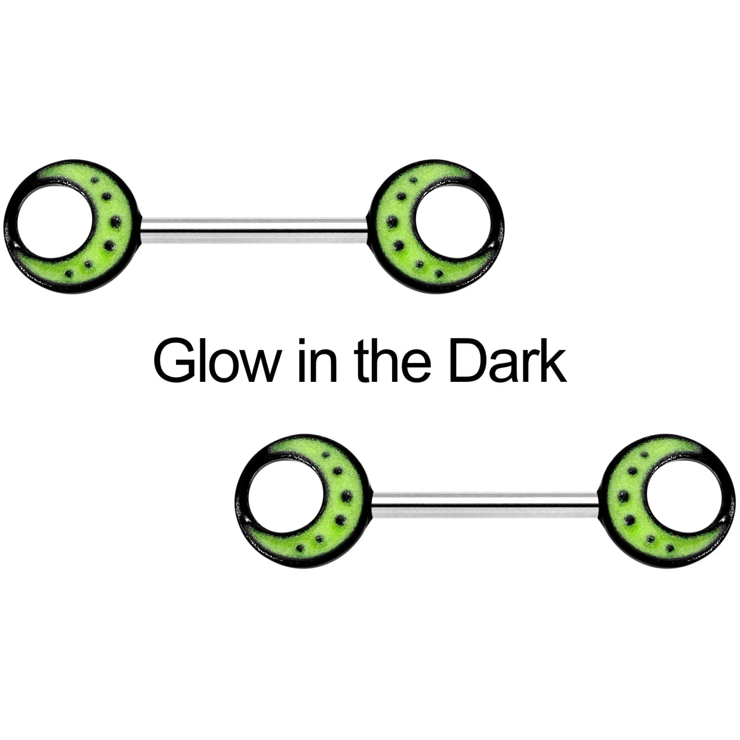 14 Gauge 9/16 Glow In The Dark Yellow Moon Barbell Nipple Ring Set 2 14 Gauge 9/16 Glow In The Dark Yellow Moon Barbell Nipple Ring Set - Image 2