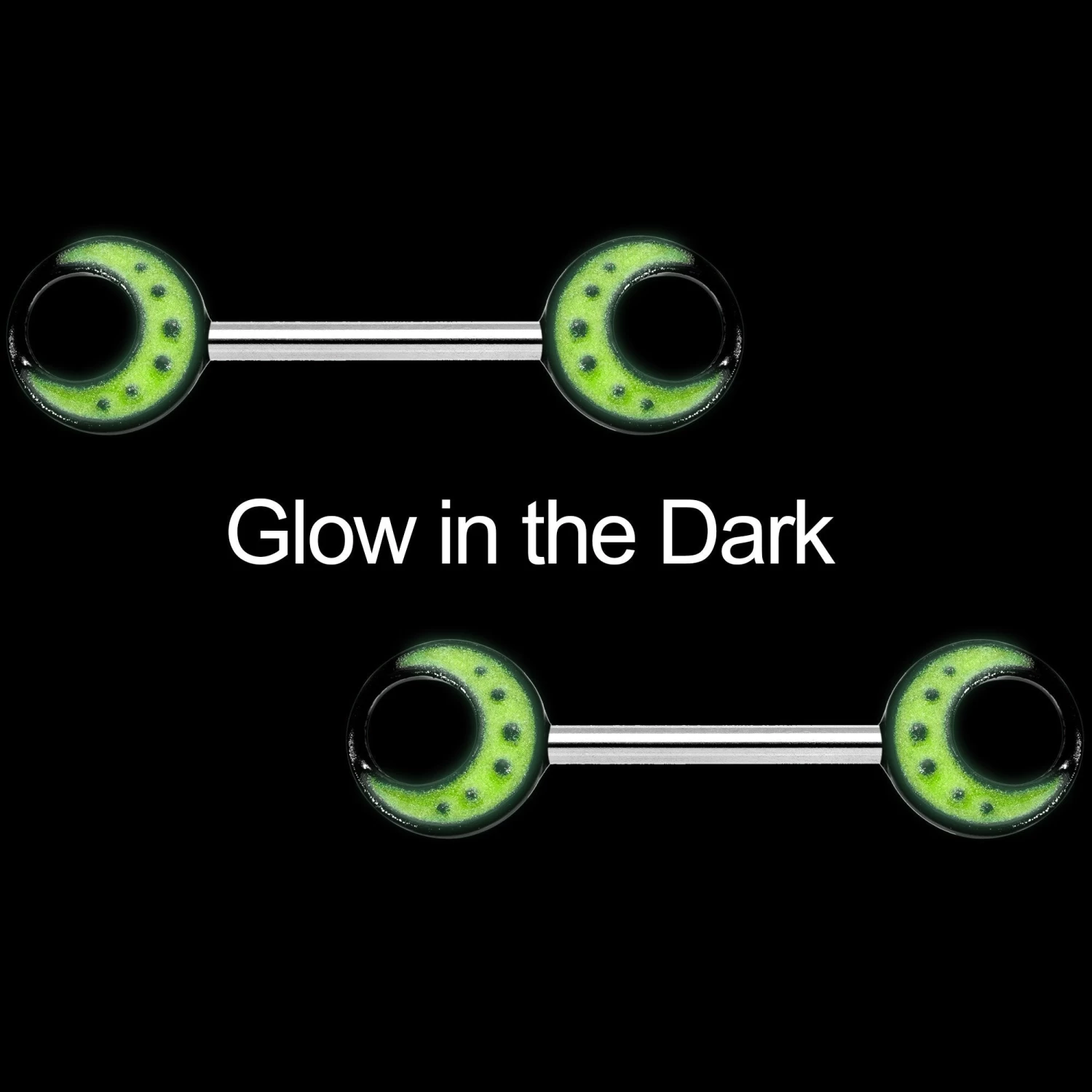 14 Gauge 9/16 Glow In The Dark Yellow Moon Barbell Nipple Ring Set 3 14 Gauge 9/16 Glow In The Dark Yellow Moon Barbell Nipple Ring Set - Image 3